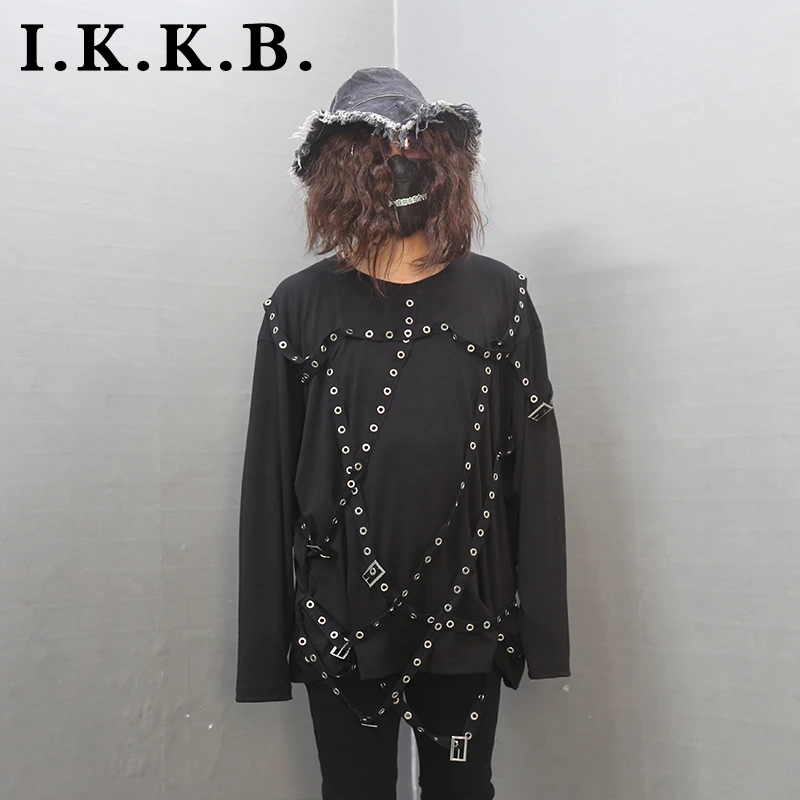 Loose punk style Liuding irregular decoration T-shirt dark small fashion men's bottoming shirt t spring and autumn round neck ba