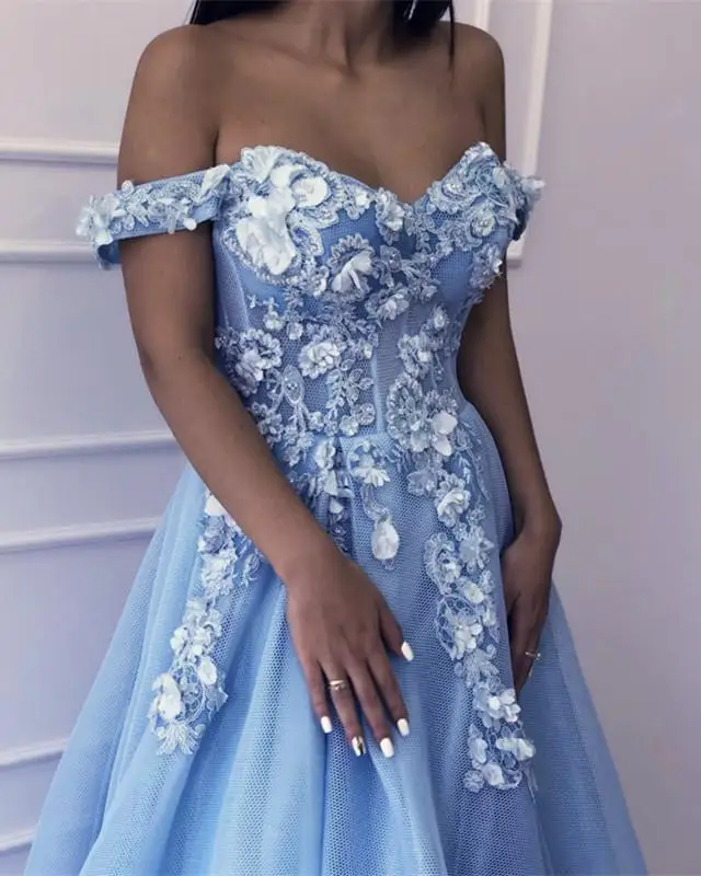 Licht Blau Off Schulter Appliques Prom Kleider 2021 EINE Linie Blumen Formale Abend Party Kleid Kleid Robe De Soiree