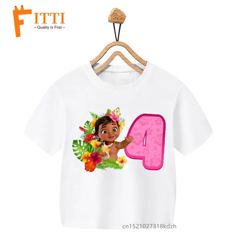 T-shirt blanc imprimé fleurs et nombres d\'anniversaire Moana pour filles, vêtements amusants Kawaii d\'été pour enfants, vêtements pour petits bébés,