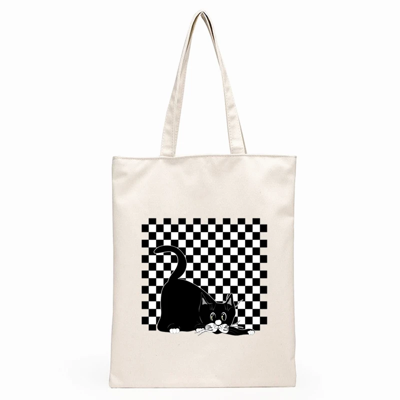 Bolso de lona con estampado de gato negro Harajuku para mujer, bolsa de mano de gran capacidad, bolso de compras para estudiante