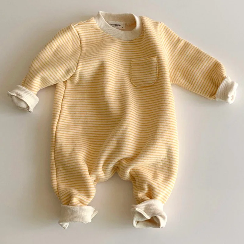 2022 Autumn And Winter Baby Jumpsuit Stripe Plush Fashion Simplicity Leisure Thickening Boys And Girls Jumpsuit Clothes