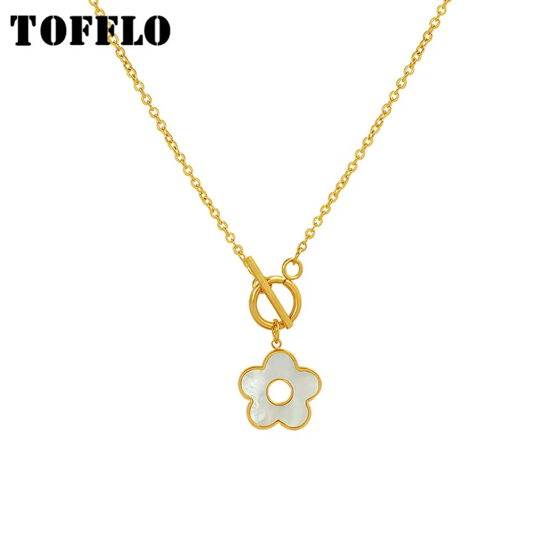 

TOFFLO Stainless Steel Jewelry OT Buckle White Seashell Flower Necklace Female Autumn Winter Sweet Sweater Chain BSP132