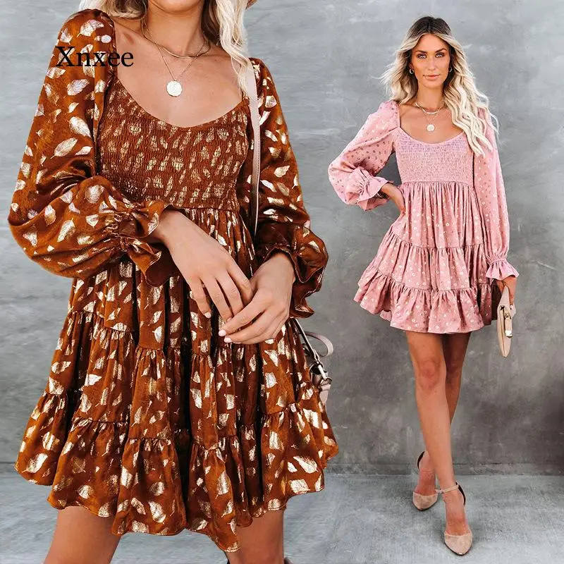 Boho Floral Print a Line Mini Dress Women Long Sleeve o Neck Dresses Casual High Waist Ruffles Pleated Party Vestidos Clothing