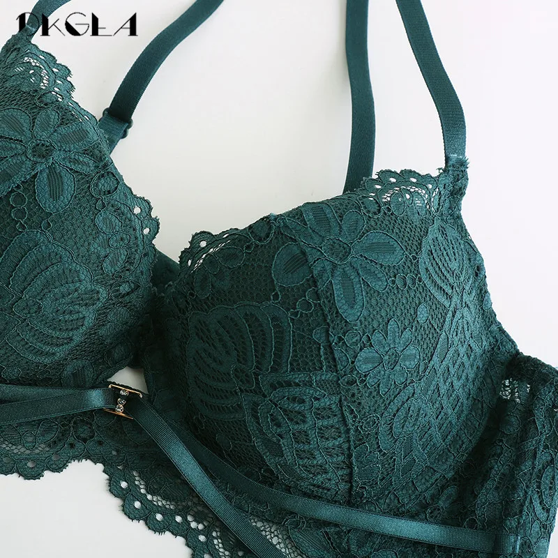 2020 New Thick Cotton Brassiere Embroidery Green Bra Set Push Up C D Cup Underwear Set Sexy Bras  Women Lace Lingerie Sets Black