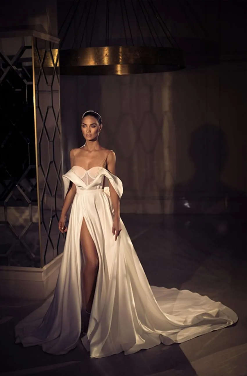 Eliav Sasson – robe De mariée en Satin, simple, ligne A, épaules dénudées, fente latérale, Sexy, balayage, traine