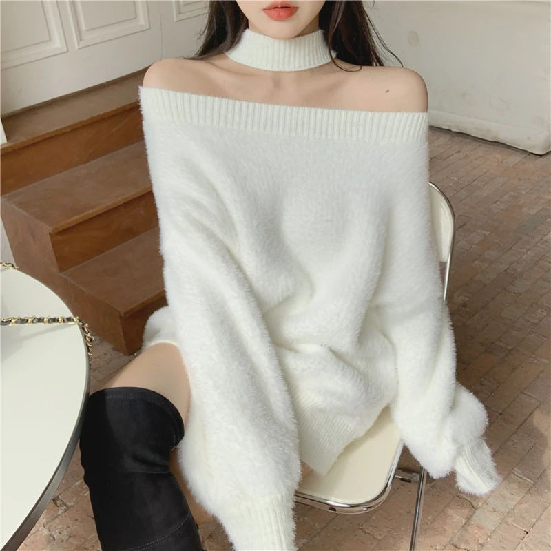 korean style Knitted Sweaters Women Loose soft warm Sweater and pullovers Female Jumpers off shoulder tops (R99455