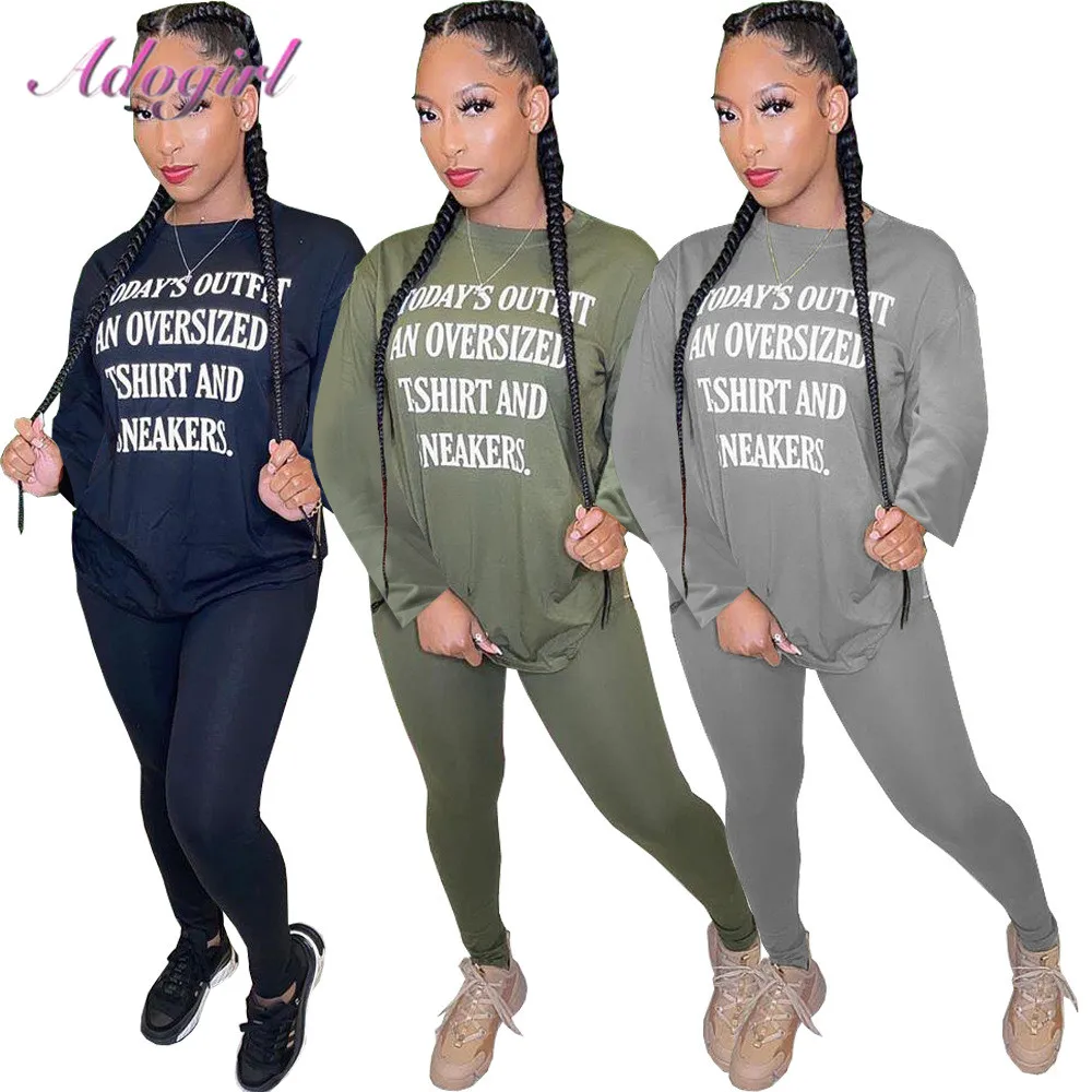 Casual Autumn Women Two-piece Sets Female Solid Color Letter Printing Long Sleeve Tops + Pants Tracksuit Outfits Clothes Suits