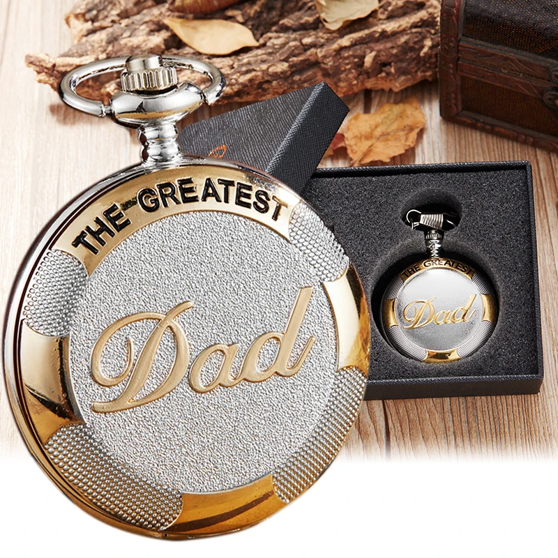 

The Greatest DAD Pocket Watch Gift Box Father's Day I LOVE YOU DAD to Daddy Birthday Present Men Sliver Bronze FOB Chain Clock