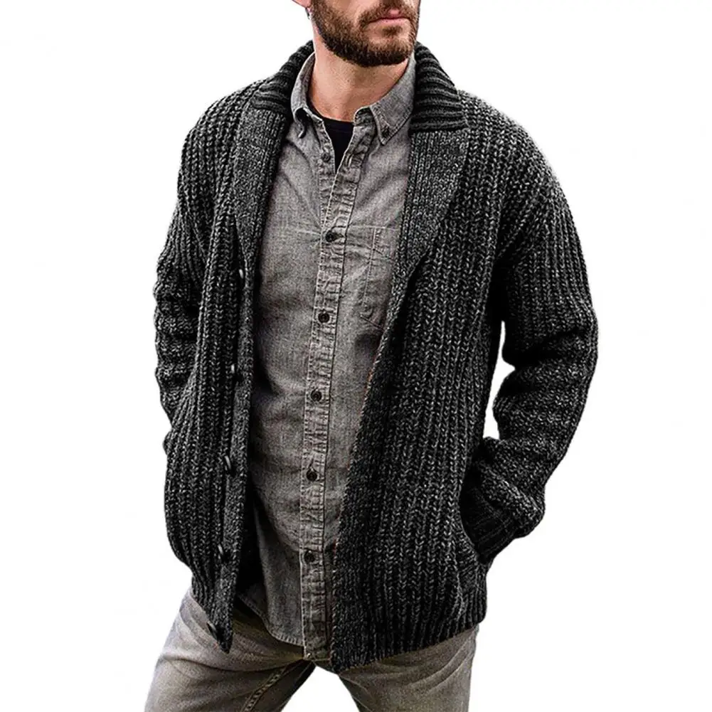 

Men Sweater Solid Color Long Sleeve Warm Knitted Lapel Suit Collar Button Cardigan Fashion Sweater Coat for Winter