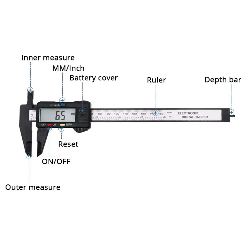 Imagem -03 - Polegada Lcd Régua Digital Eletrônica de Fibra de Carbono Vernier Caliper Gauge Micrômetro Ferramenta de Medição Calibre Digital Suwmiarka 150 mm
