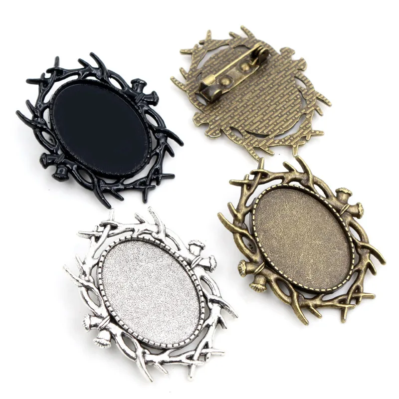 

5pcs 18x25mm Inner Size Antique Silver Colors Bronze Plated Black Brooch Pin Classic Style Cameo Cabochon Base Setting