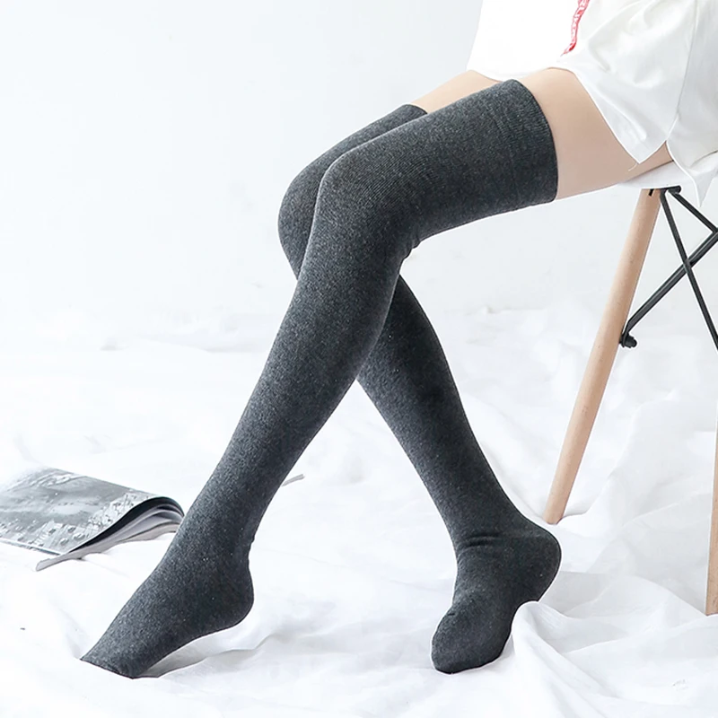 

Spring Women Cotton Thigh High Socks Black Color Medium Thickness Long Stockings for Femme Leisure Active Wear Tight Slim Sock