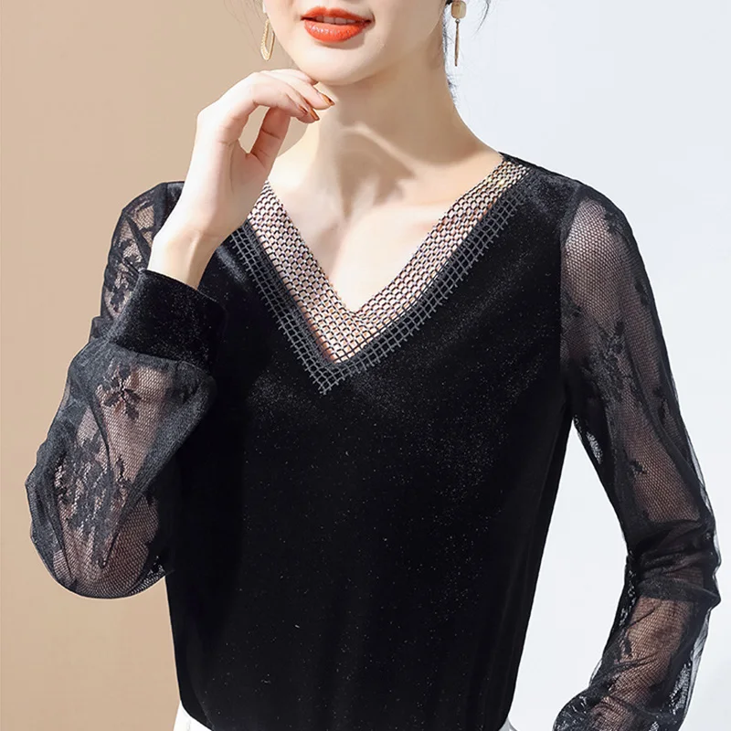 

Черная женская футболка M-4XL, новинка 2023, весенние топы Pleuche с длинными рукавами, сексуальная кружевная рубашка с v-образным вырезом, черная одежда