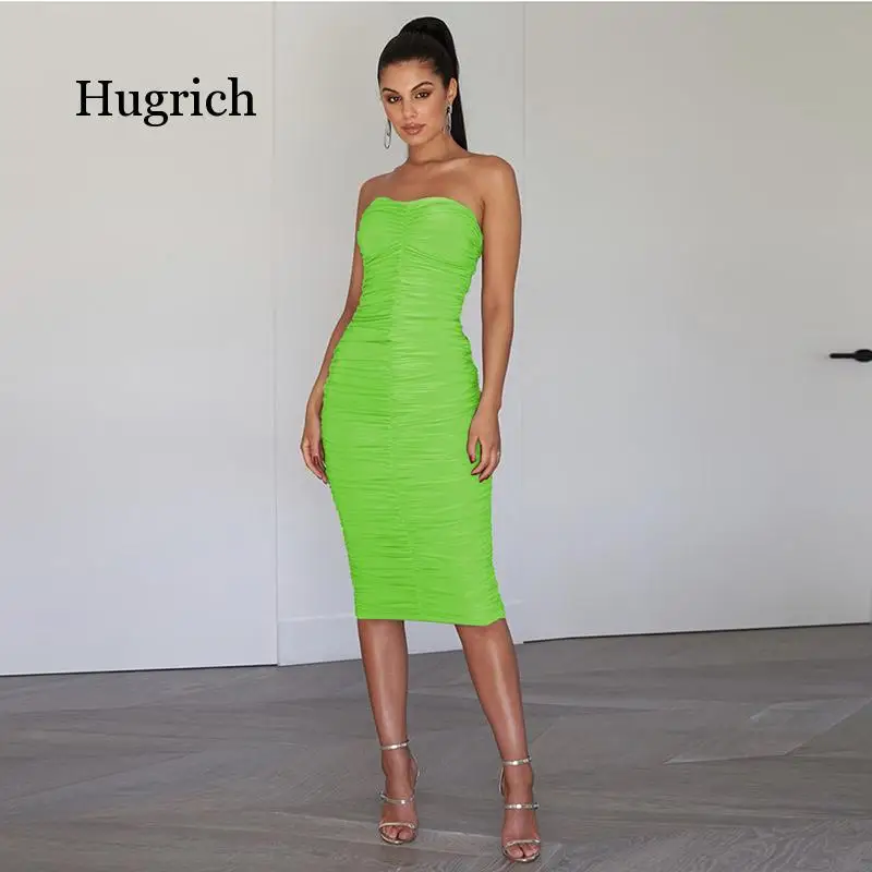 2020 Summer Neon Green Tube Dress Women Ruched Long Bandage Dress Sexy Strapless Bodycon Tie Dye Party Vestidos