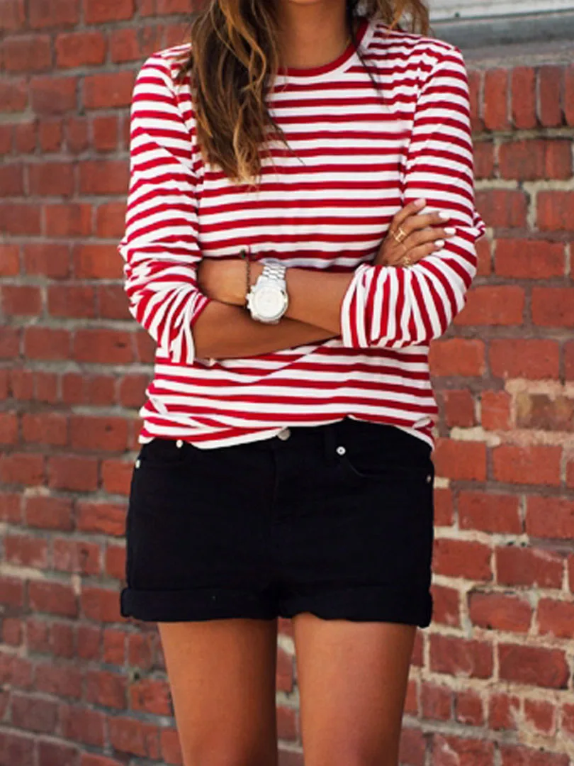 New Casual Women Red White Striped Long Sleeve T Shirt Cotton Loose Shirt Female Basic O-Neck Tops Tee Autumn Pullovers