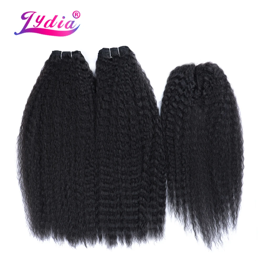 Lydia Synthetic Hair Extension Kinky Straight Weft Weaving Black Curly Weave 2+1PCS/Lot Bundles With Free Closure 30Inch