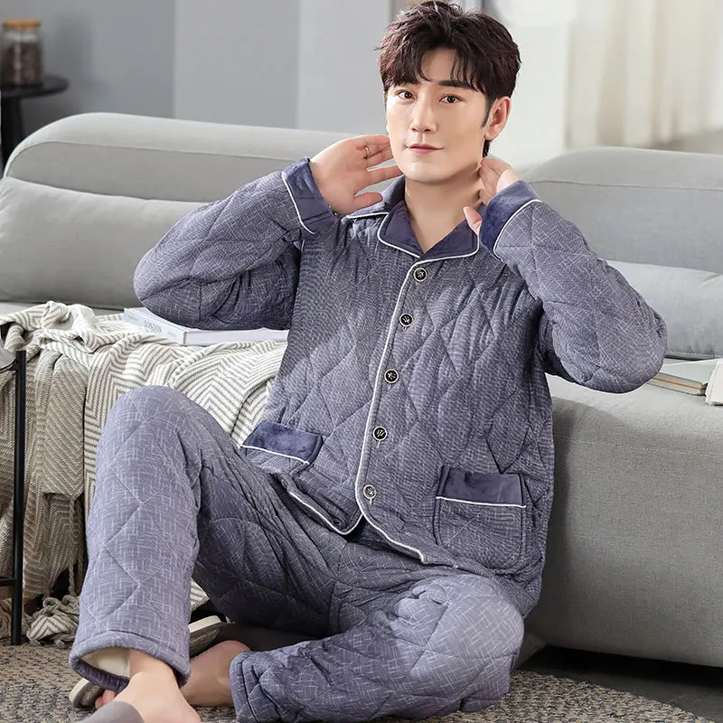 Male's Winter Homewear 3 Layer Cotton Pajamas Set Soft Warm Pyjamas Fashion Pjs