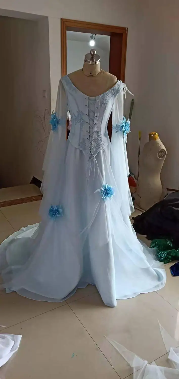 Vestido de noite formal feminino, com mangas soltas, renda, tamanho grande, flores, cauda longa, céu claro, azul