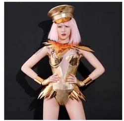 Gold Mirror Bodysuit Hat Outfit Women Show Fashion Stage Wear Bar Nightclub DJ Singer Lead Dancer Team Sexy Performance Costume