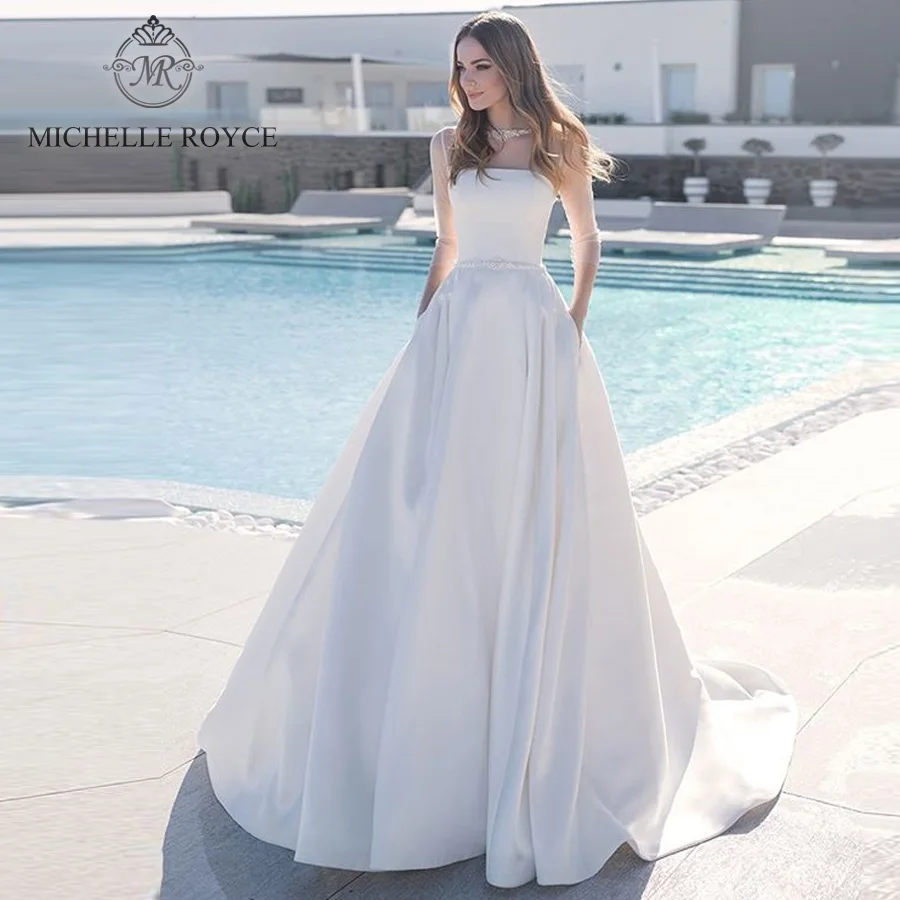 

Michelle Royce A-Line O-Neck Satin Wedding Dresses For Women Sexy Bride Three Quarter Sleeve Sexy Wedding Gown Vestido De Novia