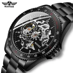 Drop shipping Men Automatic Mechanical Watch Winner Men Black Stainless Steel Watches Fashion Skeleton Steampunk Male Clocks