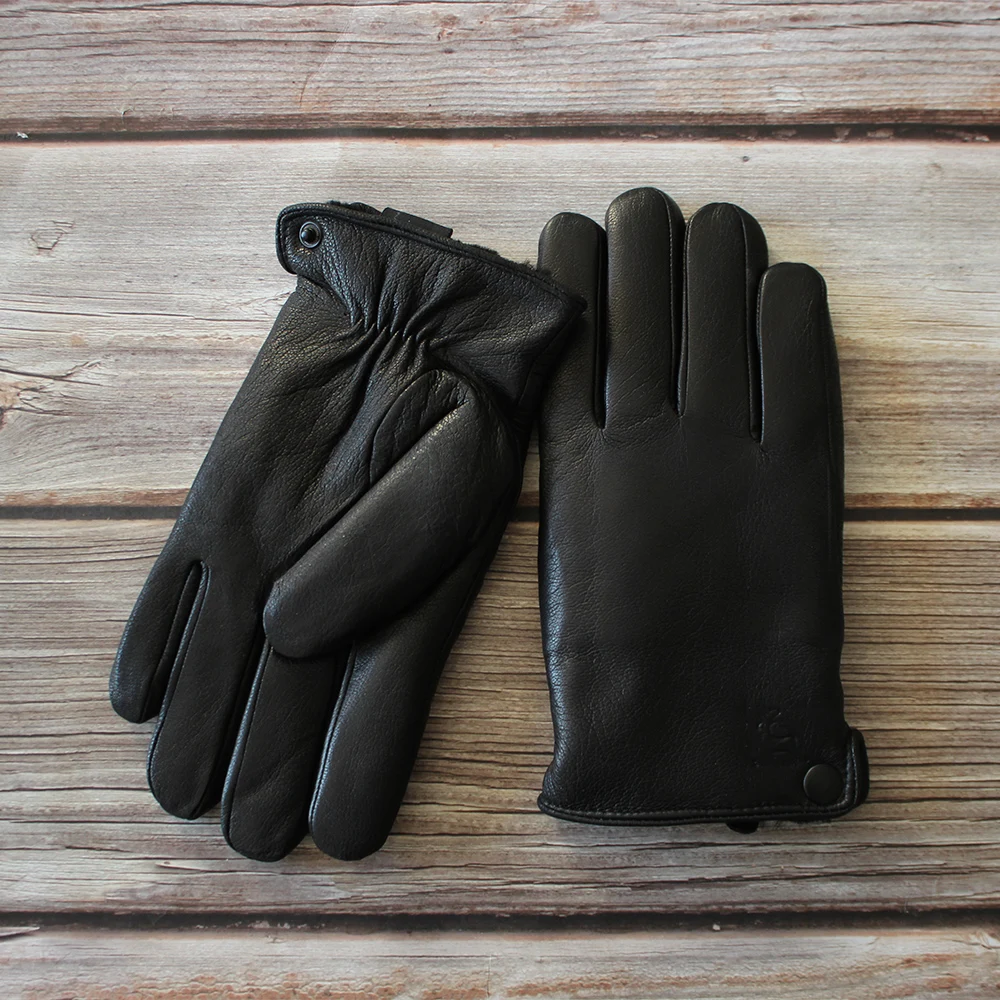 Winter Warm Thickened Sheepskin Fur Lined Deerskin Gloves Men's Black Leather Windproof and Cold Proof Outdoor Motorcycle Riding