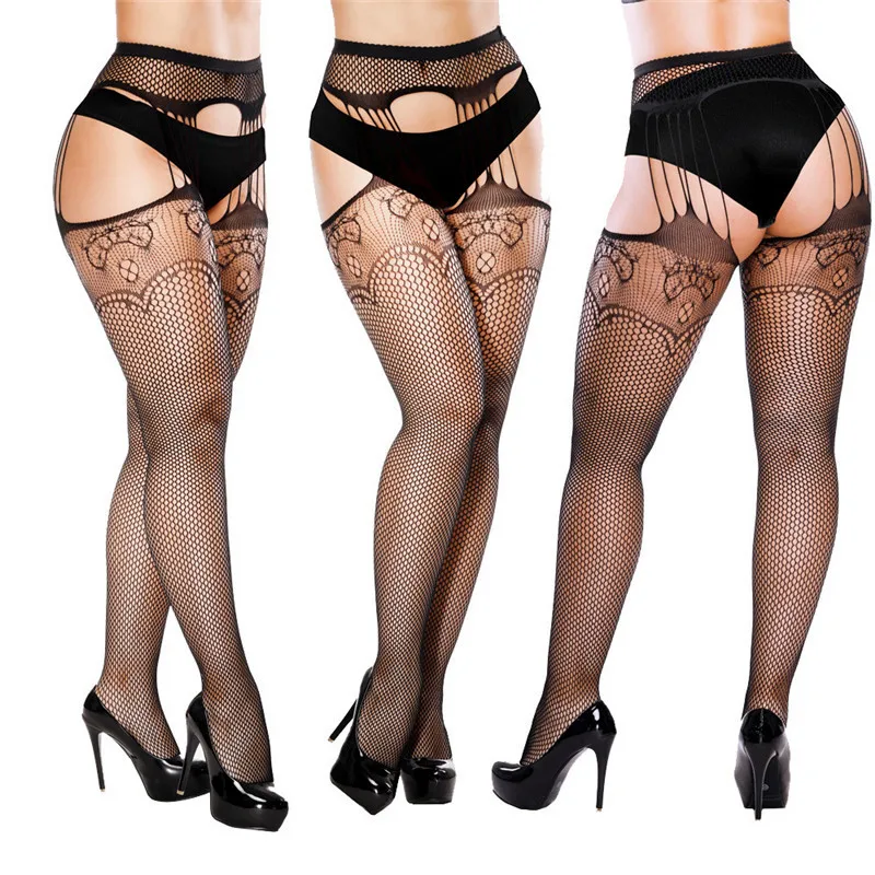 Plus Size Women Sexy Tights Crotchless High Elastic Stockings Lingerie Garter Belt Fishnet Pantyhose Open Crotch Tights