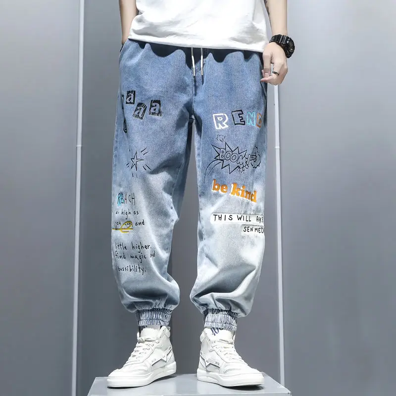 Graffiti Printing Jeans Men\'s Gradient Hip Hop Trousers Harem Cartoon Loose Casual Ankle Banded Pants Cargo Denim Jeans for Men