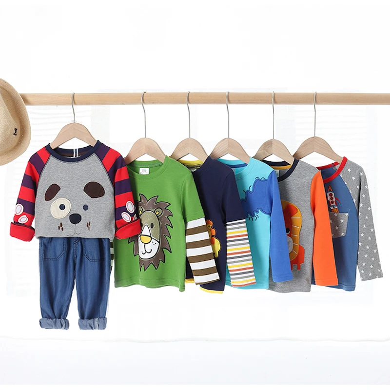 2024 Spring Autumn For 2-8 9 10 Years Children Cotton Striped Color Patchwork Cartoon Animal Baby Kids Boys Long Sleeve T-Shirts