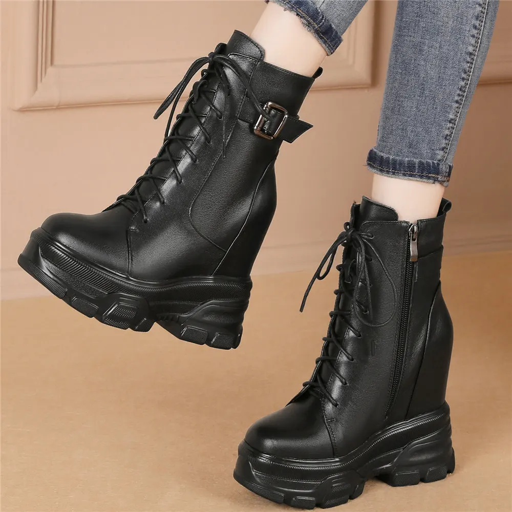 

Winter Pumps Women Lace Up Genuine Leather Wedges High Heel Snow Boots Female High Top Round Toe Fashion Sneakers Casual Shoes