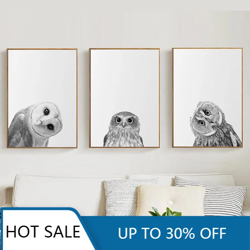 Poster Lukisan Kanvas Seni Dinding Burung Hantu Bengkok Dekor Dinding Hitam Putih Gambar Nordic Cetak Modern Burung Hewan untuk Dekorasi Ruang Tamu