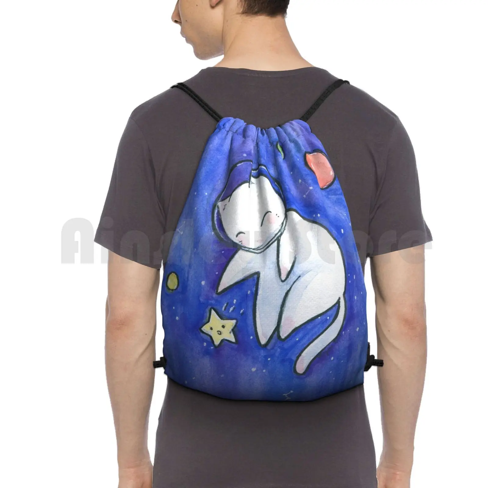 Space Cat Backpack Drawstring Bag Riding Climbing Gym Bag  Cat Kitty Kawaii Manga Anime Cartoon Star Planet Space Galaxy