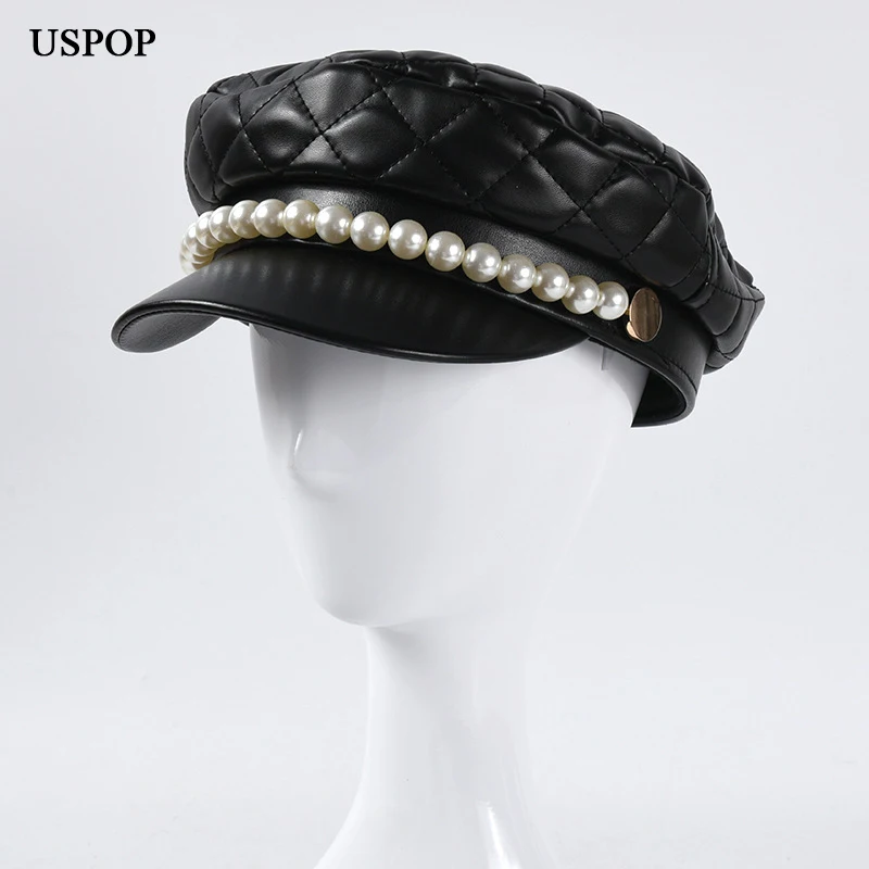 USPOP 2020 New Winter Hats Women Pearl Newsboy Caps Flat Diamond Plaid Militray Caps Visor cap