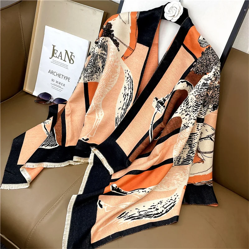 New Woman Fashion European And American Style Retro Horse Printing Imitation Cashmere Shawl Multifunction Decorate Warm Scarf