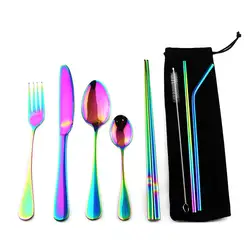 Portable Stainless Steel 8pcs/set Rainbow Dinnerware Set 18/10 Spoon Fork Chopsticks Straw Travel Camping Cutlery With Pouch