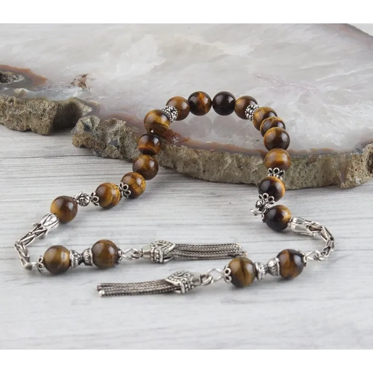 33 Beads Tiger Eye Muslim Prayer Tasbih Misbaha Islamic Jewelry Subha Capsule Cut Tassel 925 Caliber Silver Special Design