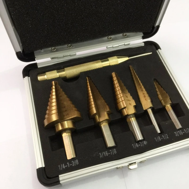 Aluminum box Cloth bag 6PC six-piece pagoda drill bit step drill includ 1/8-1/2 3/16-1/2 1/4-3/4 3/16-7/8 1/4-1-3/8 size