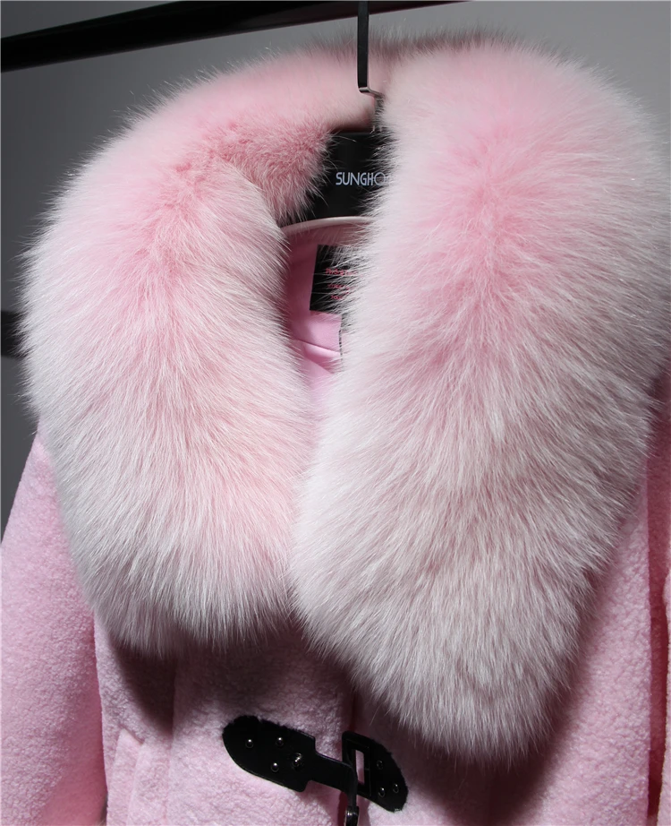 2024 MAOMAOKONG New Women Winter Big Natural Real Fox Fur Collar Mid-length Woolen Fur Coat Heavy Jackets Luxury Female Clothing