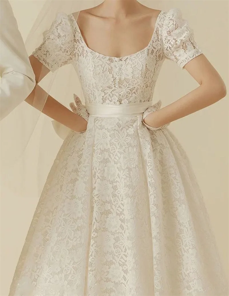 Robe de mariée élégante en dentelle, col en Se, avec traîne, ligne a, nœud papillon au dos, Style coréen