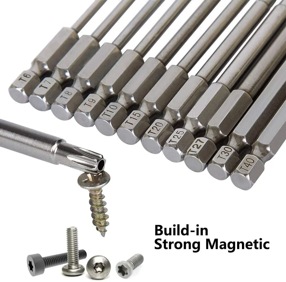 11 Pieces 1/4 Inch Hex Shank T6-T40 4 Inch Length S2 Steel Torx Security Head Screwdriver Drill Set Bits, 100mm/3.93 Inch Long