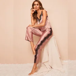 Two Pieces Satin Pajama Set V-Neck Pyjamas Cute Camisole Top and Pants Soft Sleepwear Hollow Out Lace Loungewear