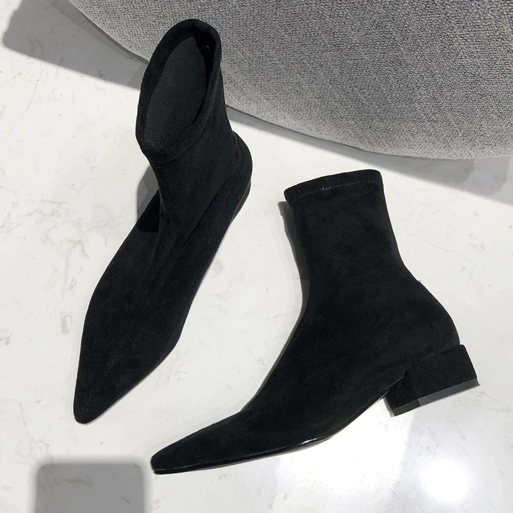 Sexy Women\'s Boots Pointed Toe Suede Elastic Ankle Boots Thick Heel Low Heels Shoes Woman Spring Autumn Female Socks Booties