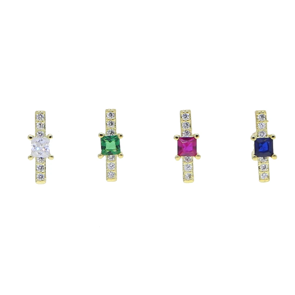 Geometric Simple Small Stud Multi Piercing Micro Pave Colorful CZ Bar Earring Gold Color