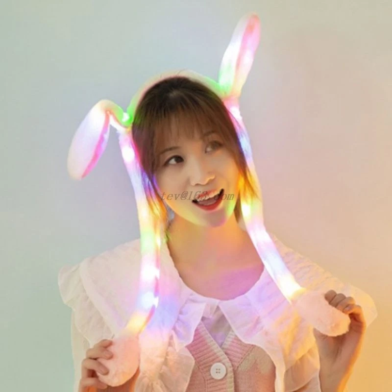 Women Girls Cute LED Light Up Rabbit Headband with Airbag Moving Ears Children Bunny Long Plush Toy Hair Hoop Party Photo Props