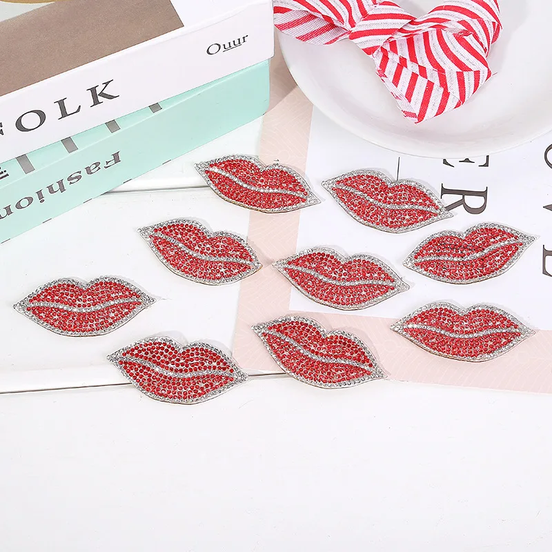 5pcs Small Size Rhinestones Red Lips Mouth Patches Iron on Clothing Vintage Applique Fashion Clothes Sticker Decoration Patch