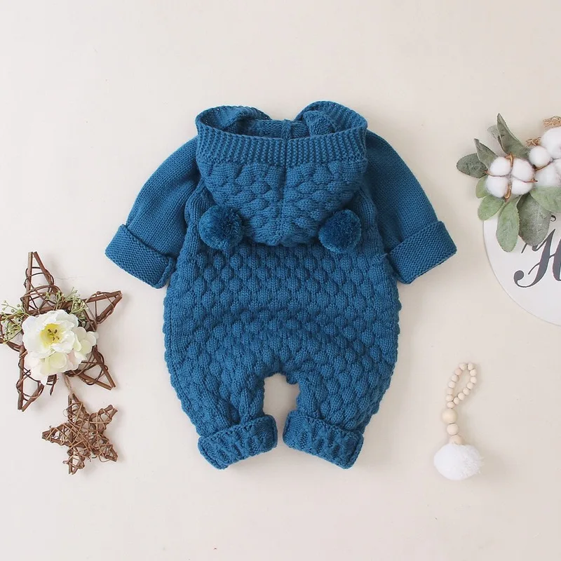 Newborn Infant Baby Girl Boy Winter New Warm Coat Knit Outwear Hooded Jumpsuit Solid Cute Soft Comfortable Pretty Set