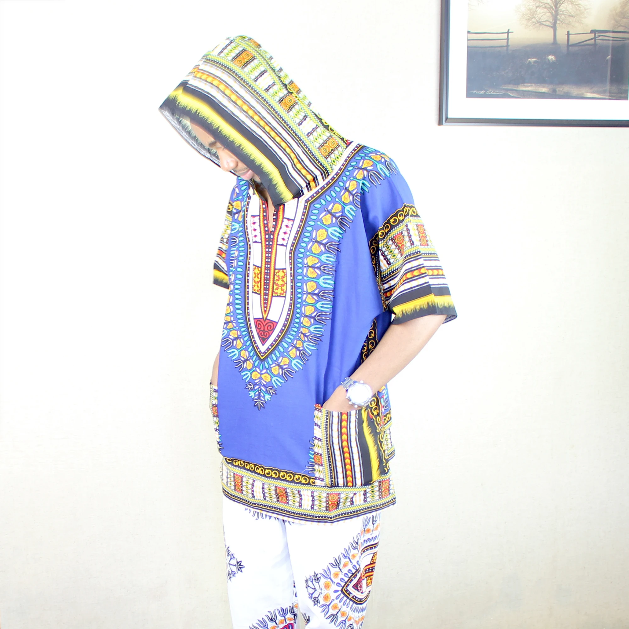 African Classic Dashiki with Pockets Mens Blue Printed Dashiki Hoodie