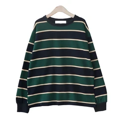 2021 Korean Fashion Style Striped Hoodies Women Harajuku Vintage Sweatshirt Female Green Crewneck Long Sleeve Kpop Clothes