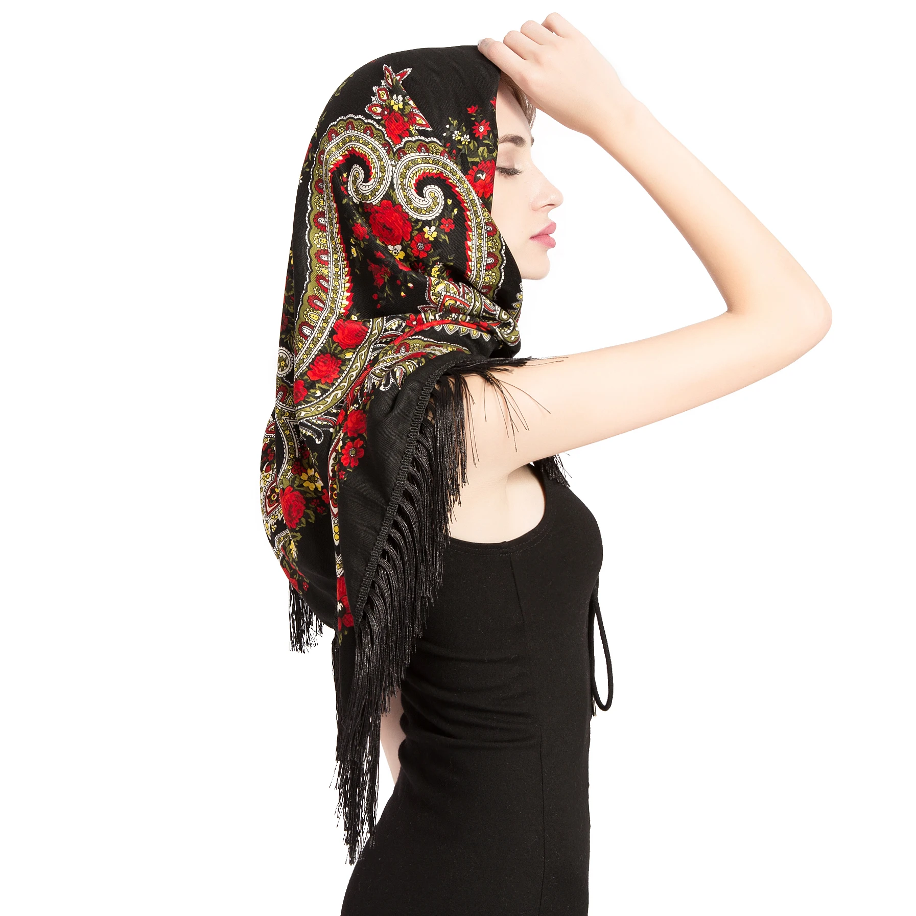 Russian Shawl Babushka Scarf Ukrainian Handkerchiefs Head Autumn Winter Large Square Blankets Tassel Women Hair Hijab Neck Wrap