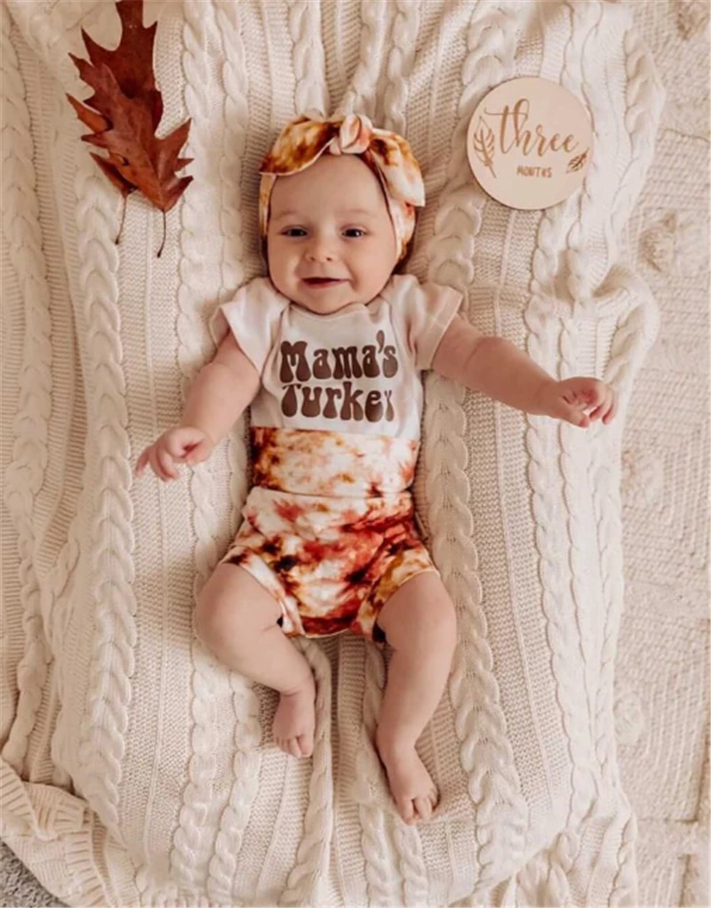 

3pcs Thanksgiving Sets Baby Girls Clothes Letter Print Short Sleeve O-neck Romper Tie-Dye Printed Shorts Headband